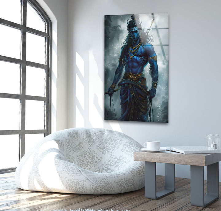 Lord Shiva Blue Art Glass Wall Art picture on glass wall art, photos printed on glass
