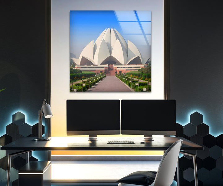 Lotus Temple Glass Wall Art - Stunning Front View of Iconic Indian Landmark