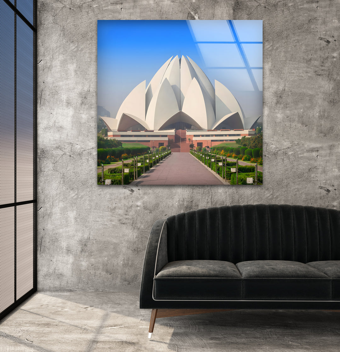 Lotus Temple Glass Wall Art - Stunning Front View of Iconic Indian Landmark