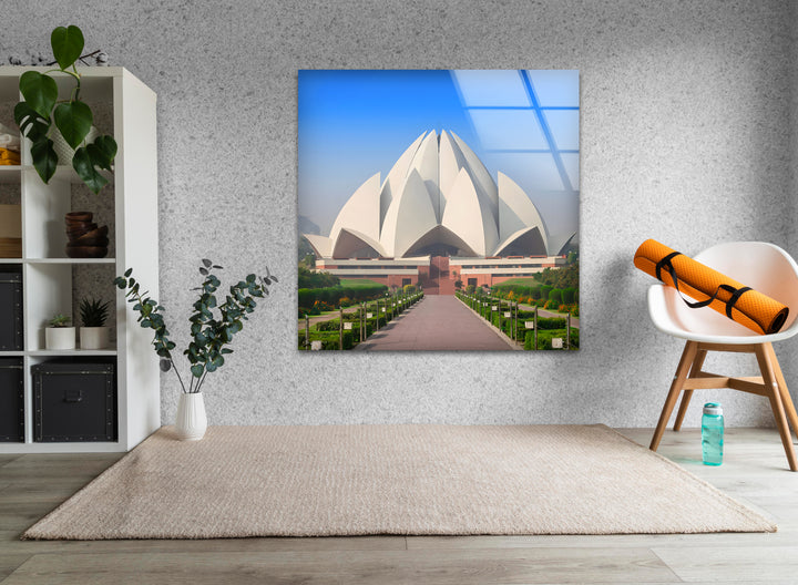 Lotus Temple Glass Wall Art - Stunning Front View of Iconic Indian Landmark