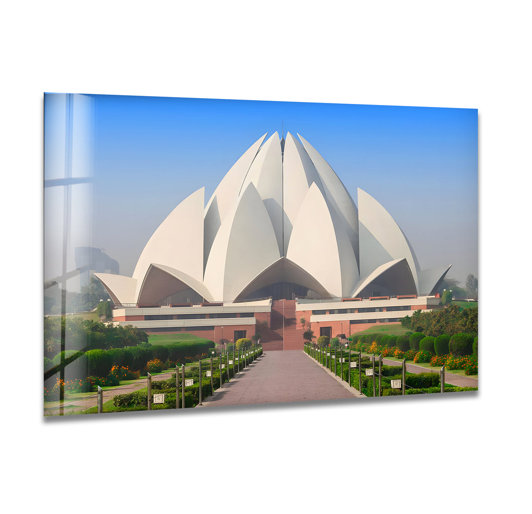 Lotus Temple Glass Wall Art - Stunning Front View of Iconic Indian Landmark