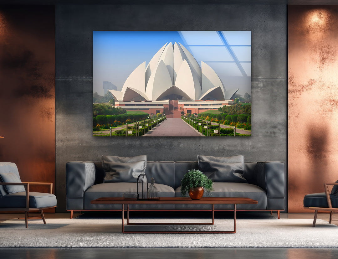 Lotus Temple Glass Wall Art - Stunning Front View of Iconic Indian Landmark