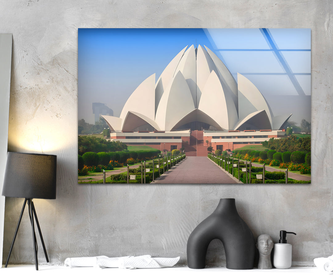 Lotus Temple Glass Wall Art - Stunning Front View of Iconic Indian Landmark