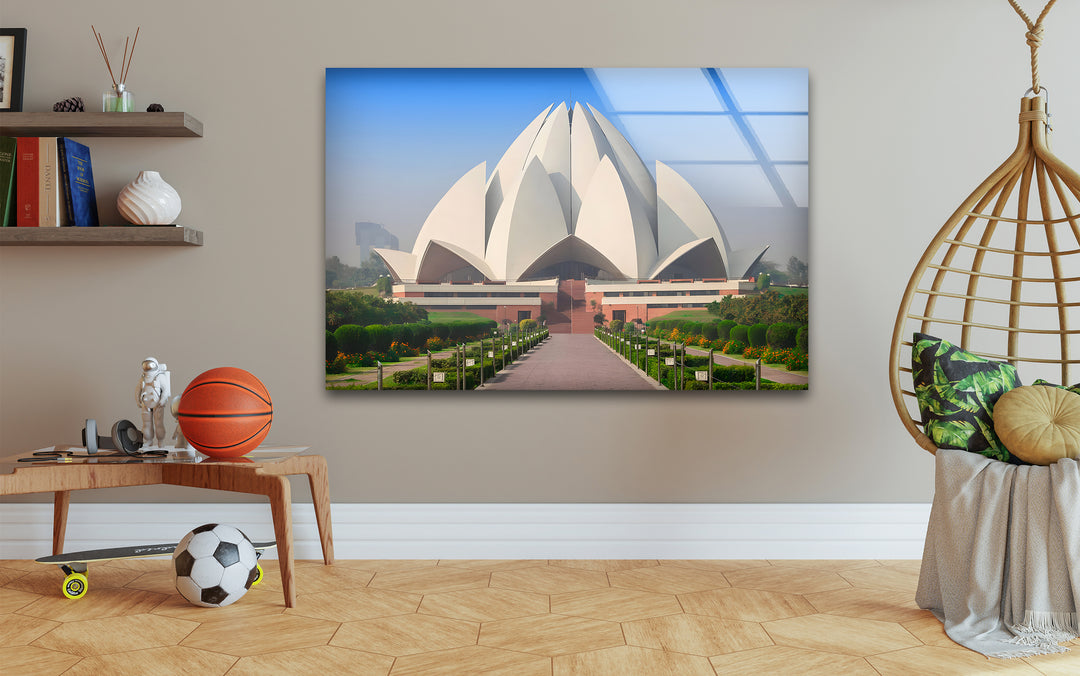 Lotus Temple Glass Wall Art - Stunning Front View of Iconic Indian Landmark