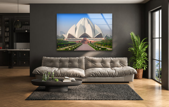 Lotus Temple Glass Wall Art - Stunning Front View of Iconic Indian Landmark