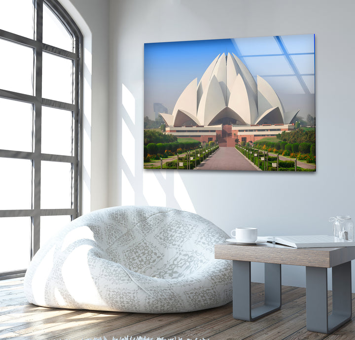 Lotus Temple Glass Wall Art - Stunning Front View of Iconic Indian Landmark