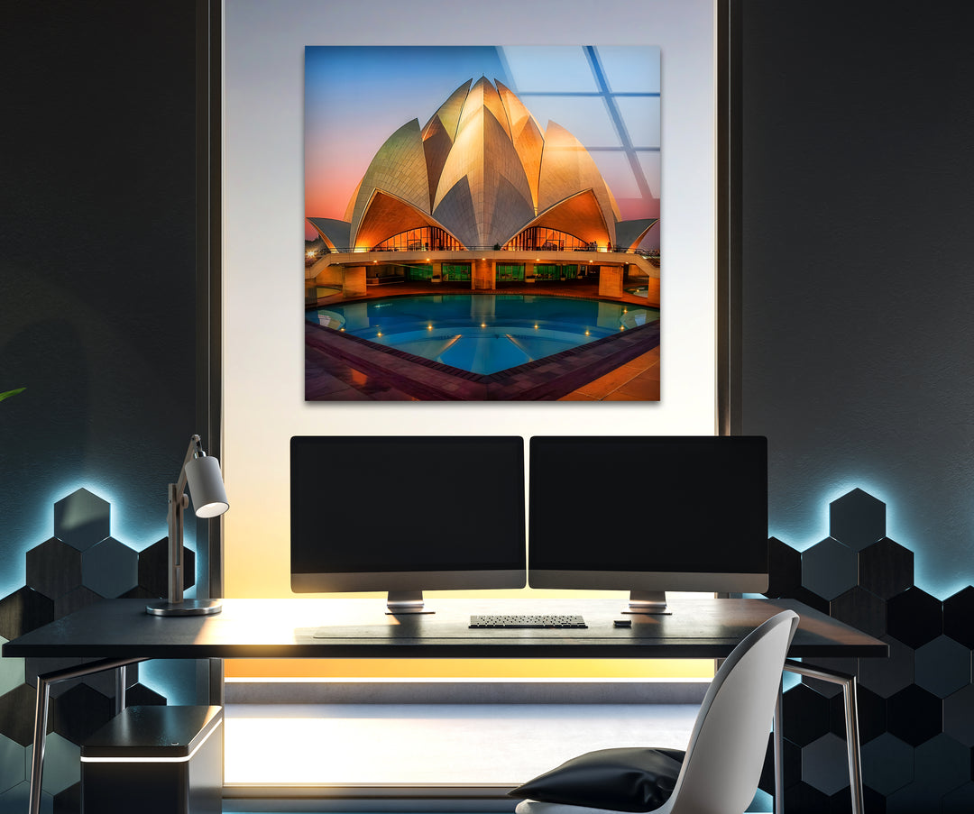 Lotus Temple Glass Wall Art - Radiant Sunset Reflection