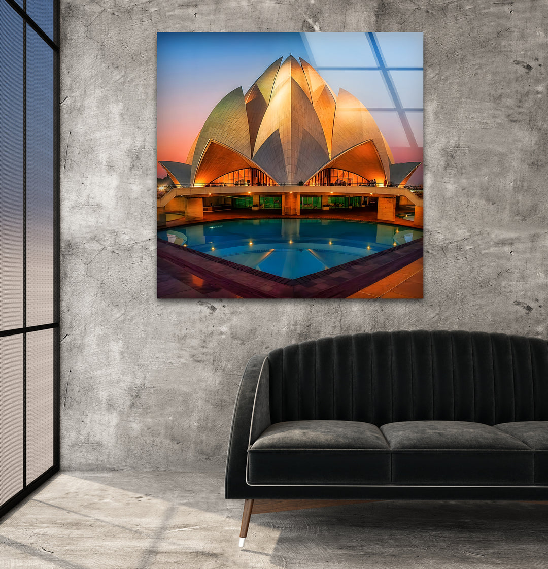 Lotus Temple Glass Wall Art - Radiant Sunset Reflection