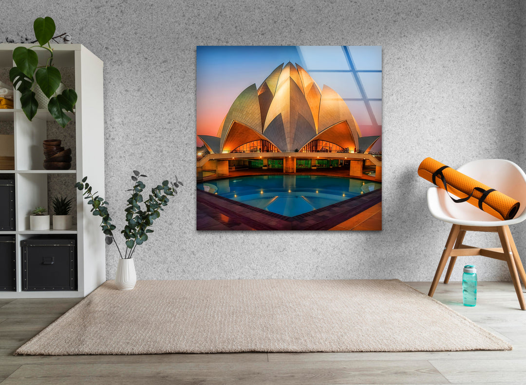 Lotus Temple Glass Wall Art - Radiant Sunset Reflection