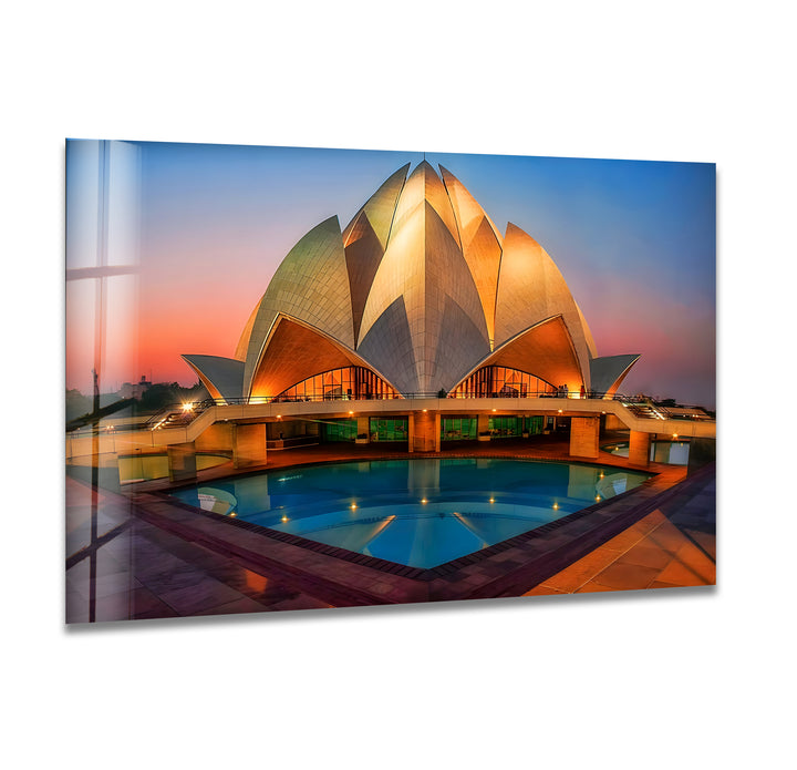 Lotus Temple Glass Wall Art - Radiant Sunset Reflection