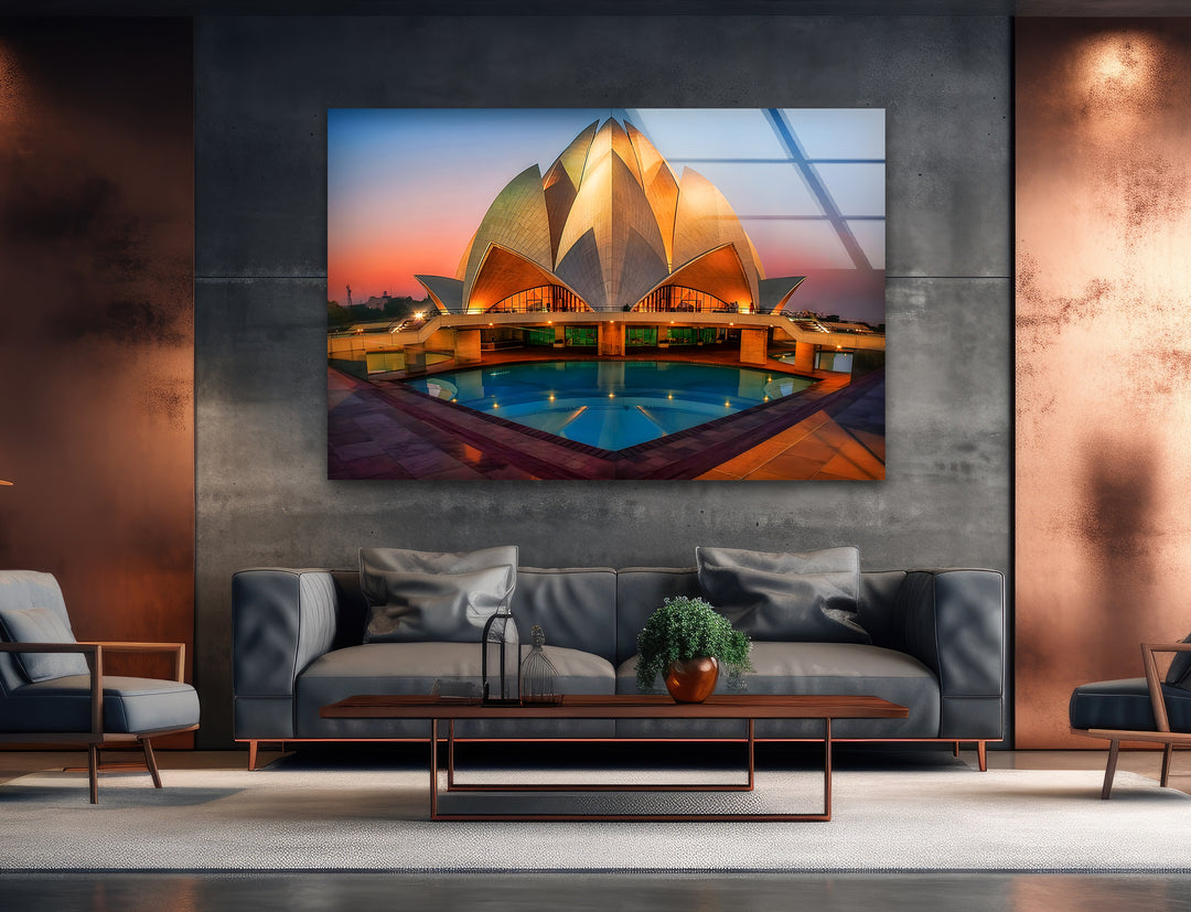 Lotus Temple Glass Wall Art - Radiant Sunset Reflection