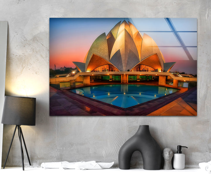 Lotus Temple Glass Wall Art - Radiant Sunset Reflection