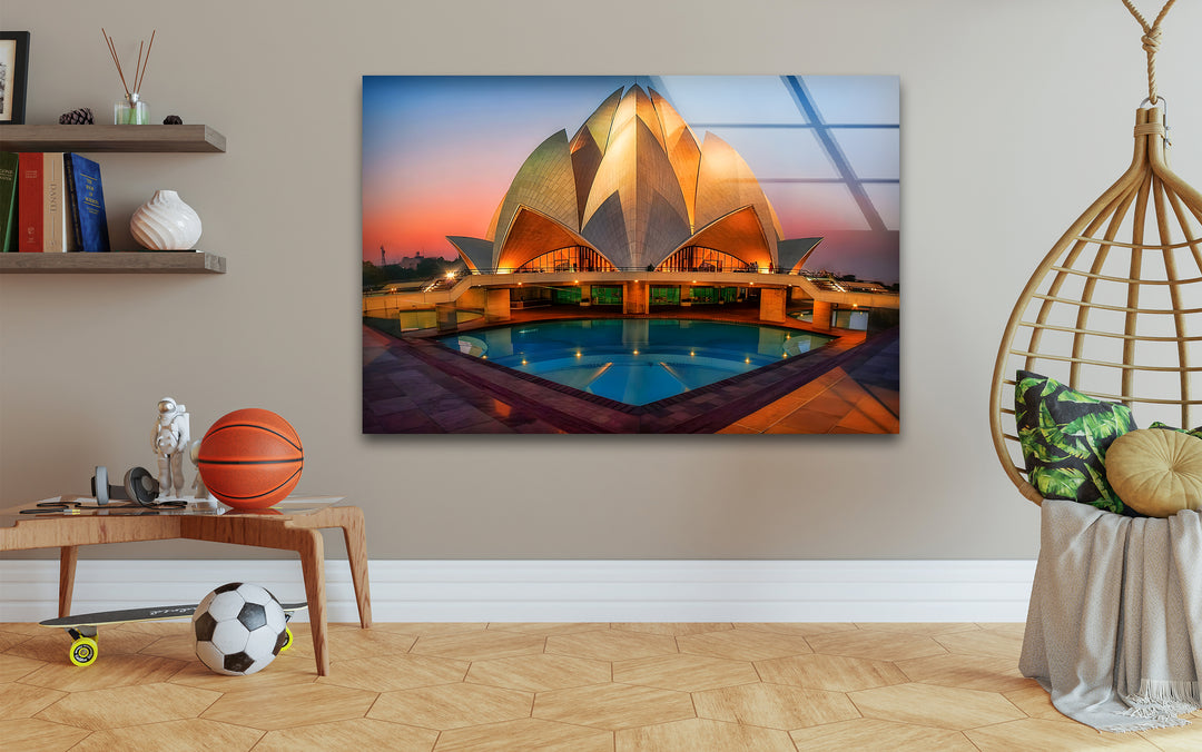 Lotus Temple Glass Wall Art - Radiant Sunset Reflection