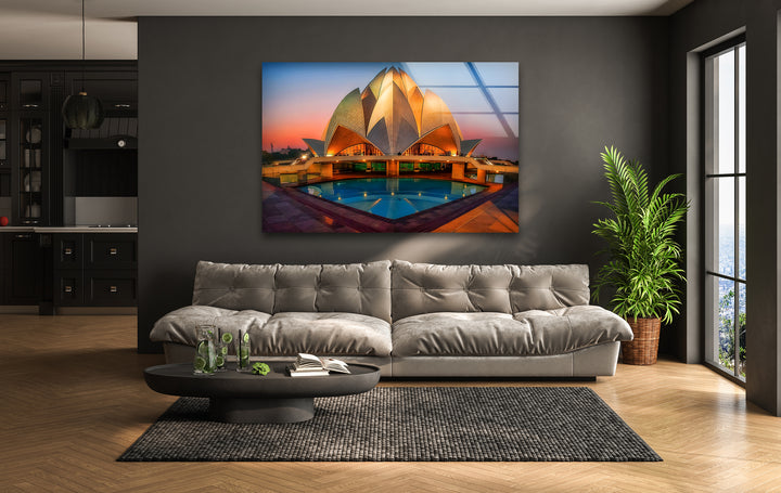 Lotus Temple Glass Wall Art - Radiant Sunset Reflection