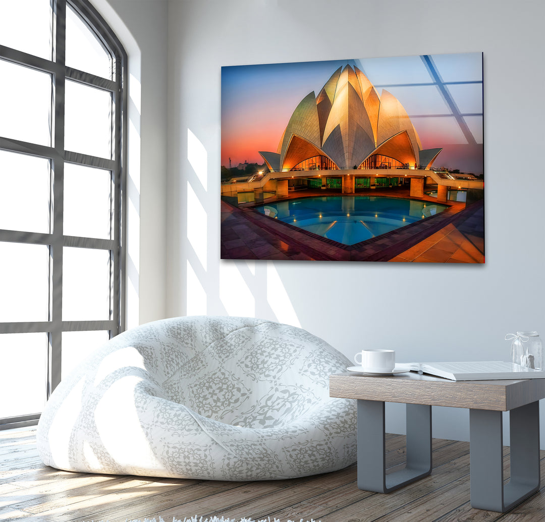 Lotus Temple Glass Wall Art - Radiant Sunset Reflection