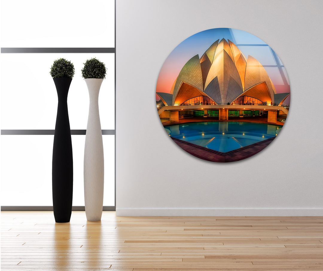 Lotus Temple Glass Wall Art - Radiant Sunset Reflection