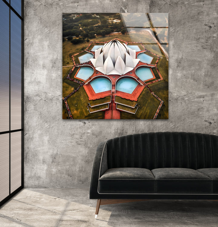 Lotus Temple Glass Wall Art - Aerial View of Iconic Indian Landmark