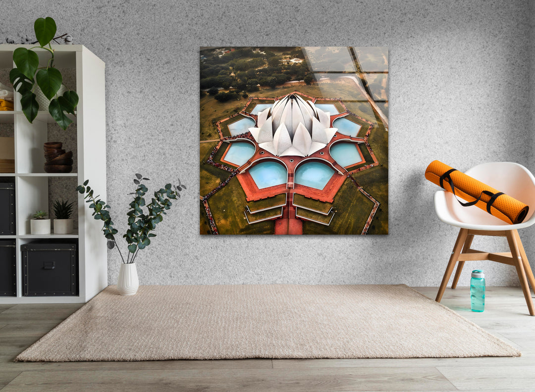 Lotus Temple Glass Wall Art - Aerial View of Iconic Indian Landmark