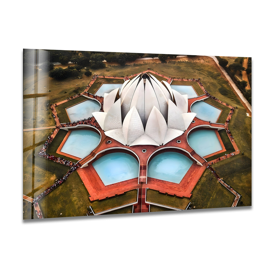 Lotus Temple Glass Wall Art - Aerial View of Iconic Indian Landmark