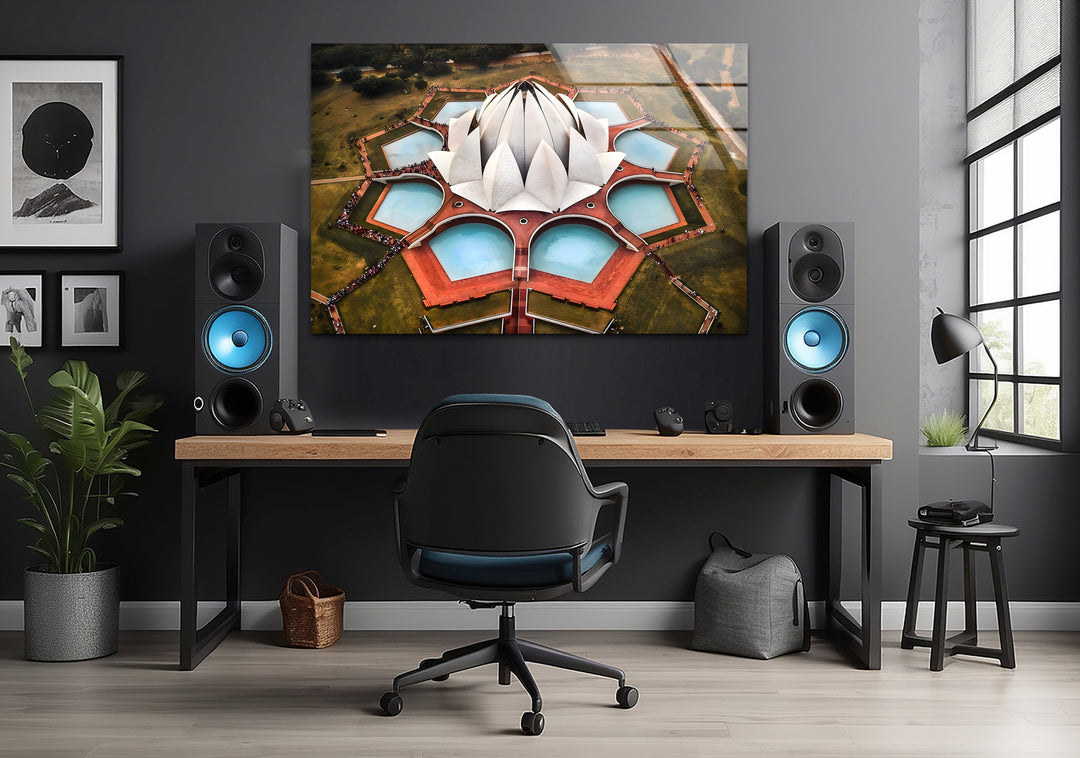 Lotus Temple Glass Wall Art - Aerial View of Iconic Indian Landmark