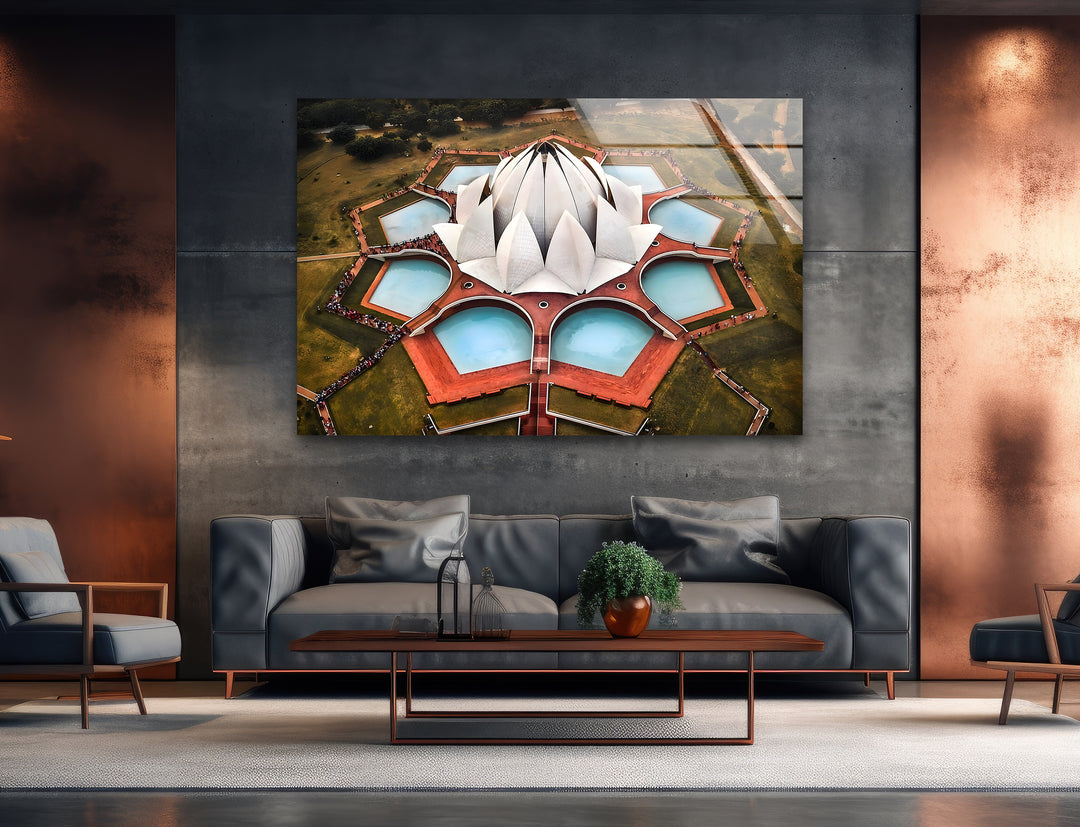 Lotus Temple Glass Wall Art - Aerial View of Iconic Indian Landmark