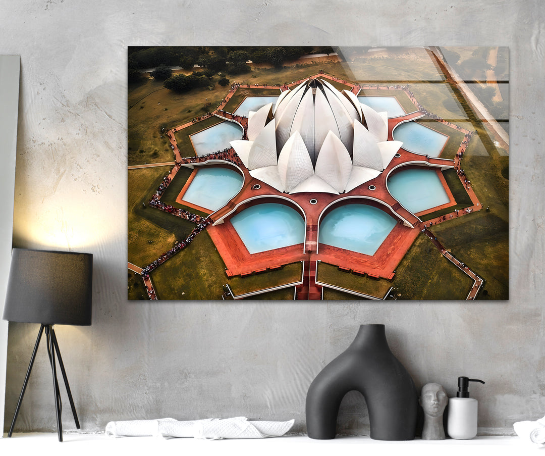 Lotus Temple Glass Wall Art - Aerial View of Iconic Indian Landmark