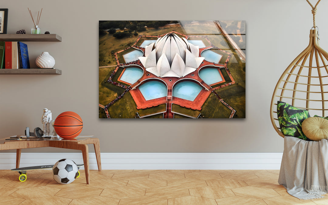 Lotus Temple Glass Wall Art - Aerial View of Iconic Indian Landmark