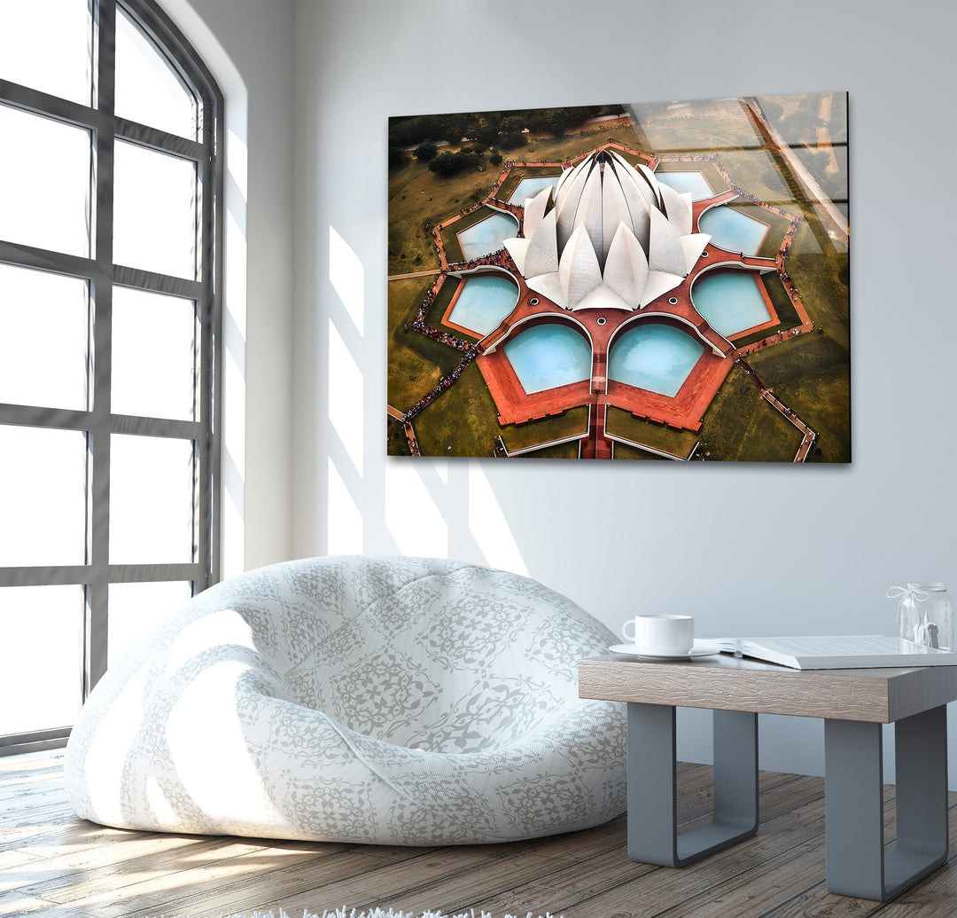 Lotus Temple Glass Wall Art - Aerial View of Iconic Indian Landmark