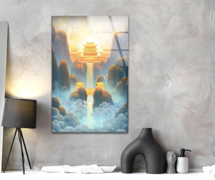 Majestic Golden Chinese Structure Glass Wall Artwork | Custom Glass Photos