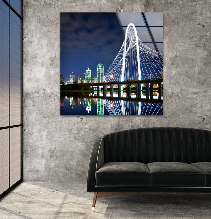 Dallas Skyline Glass Wall Art - Margaret Hunt Hill Bridge at Night