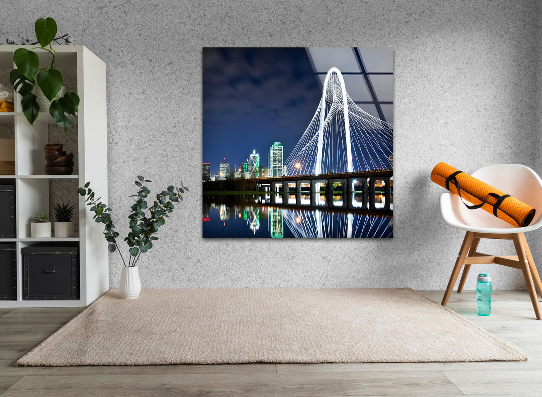 Dallas Skyline Glass Wall Art - Margaret Hunt Hill Bridge at Night