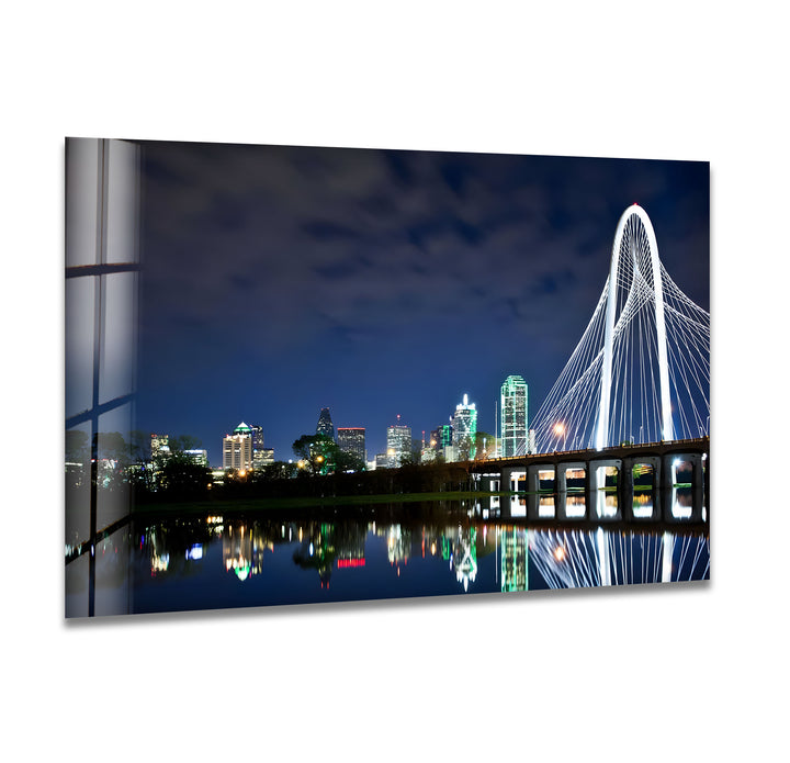 Dallas Skyline Glass Wall Art - Margaret Hunt Hill Bridge at Night