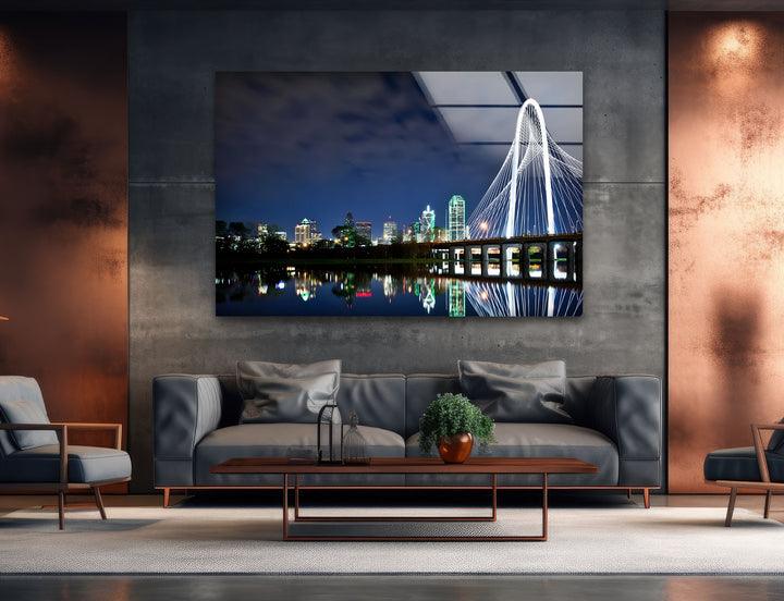 Dallas Skyline Glass Wall Art - Margaret Hunt Hill Bridge at Night