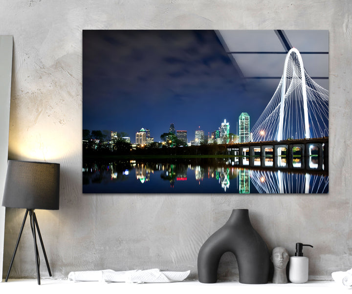 Dallas Skyline Glass Wall Art - Margaret Hunt Hill Bridge at Night