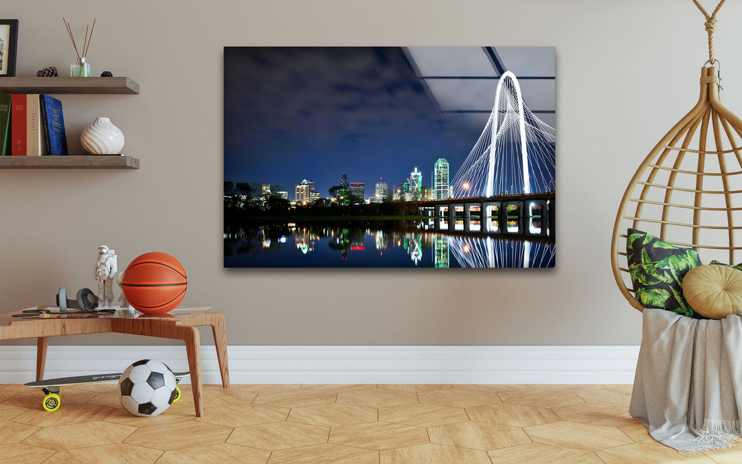 Dallas Skyline Glass Wall Art - Margaret Hunt Hill Bridge at Night