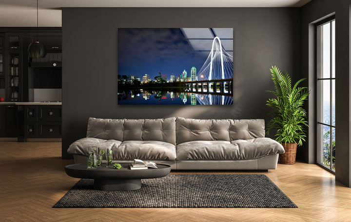 Dallas Skyline Glass Wall Art - Margaret Hunt Hill Bridge at Night