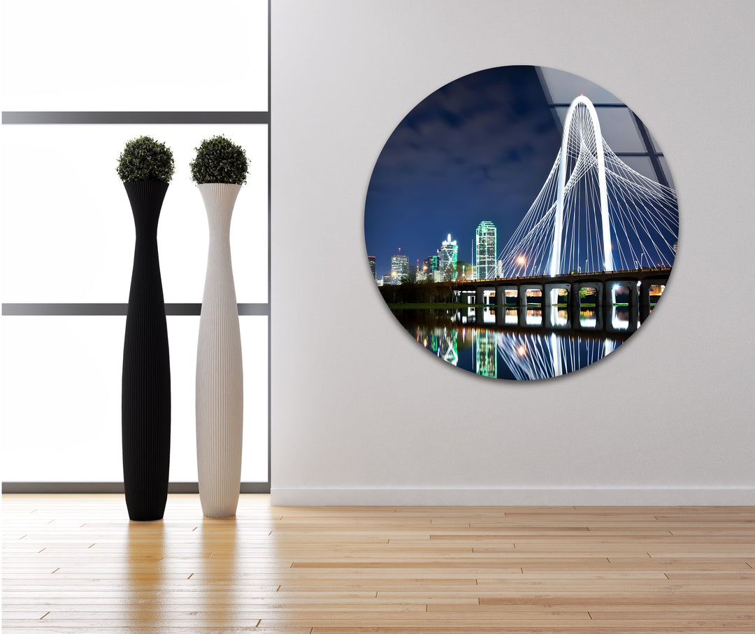 Dallas Skyline Glass Wall Art - Margaret Hunt Hill Bridge at Night