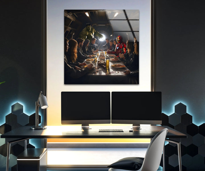 Marvel Avengers at Dinner Glass Wall Art glass image printing, glass prints from photos
