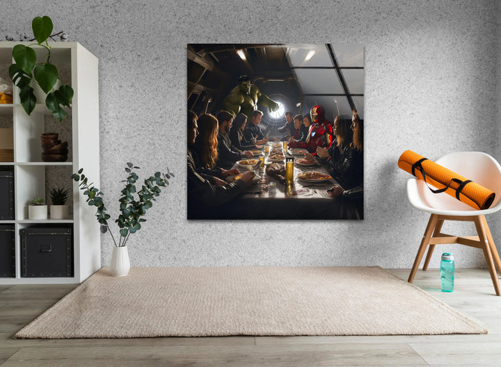 Marvel Avengers at Dinner Glass Wall Art large glass photo prints, glass wall photos
