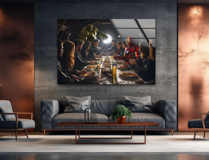 Marvel Avengers at Dinner Glass Wall Art custom glass photo prints, large glass prints
