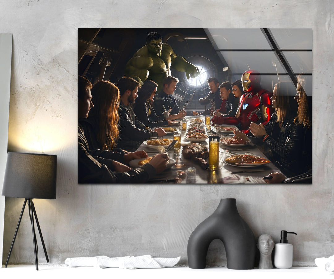 Marvel Avengers at Dinner Glass Wall Art photo print on glass, prints on glass wall art
