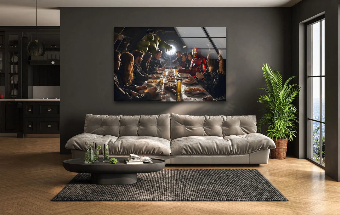 Marvel Avengers at Dinner Glass Wall Art custom glass pictures, glass art prints
