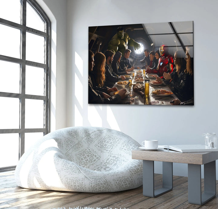 Marvel Avengers at Dinner Glass Wall Art glass art painting, glass art for the Wall
