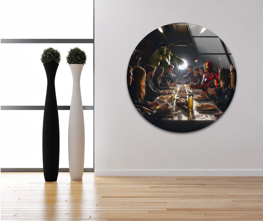 Marvel Avengers at Dinner Glass Wall Art glass pictures for Wall, glass prints wall art
