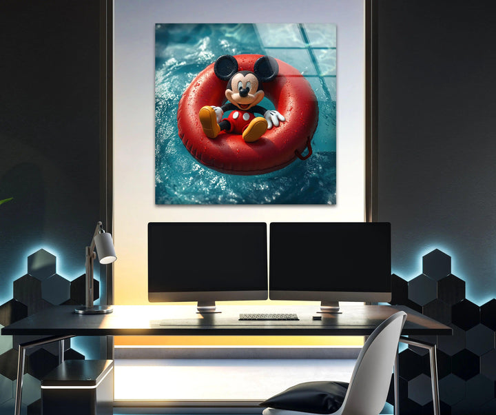 Mickey Mouse Swimming Glass Wall Art custom glass photo prints, large glass prints
