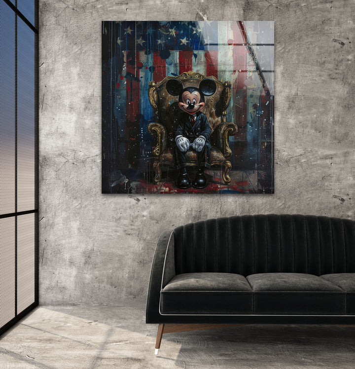 Mickey Mouse & US Flag Glass Wall Art glass photo prints, glass picture prints
