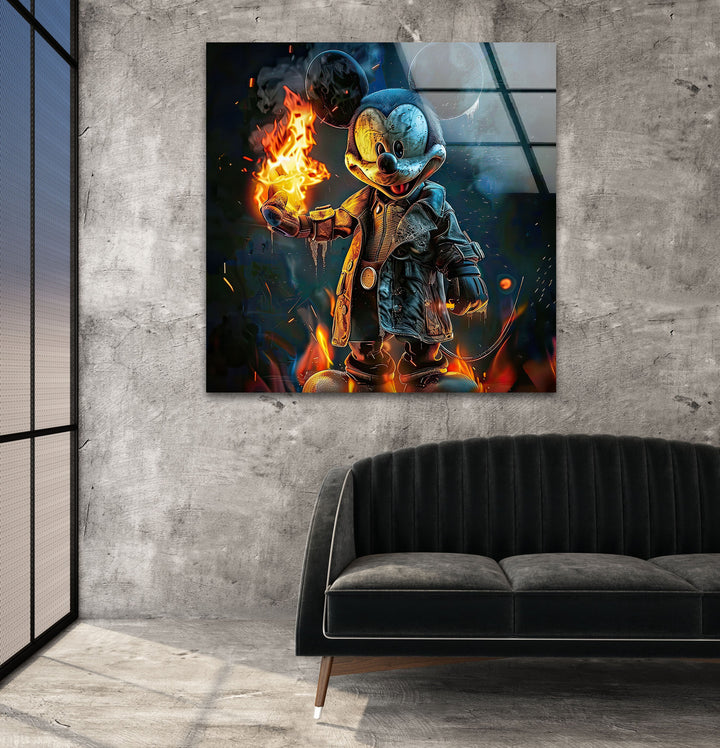 Mickey Mouse with Fire Glass Wall Art