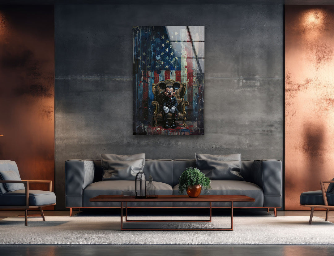 Mickey Mouse & US Flag Glass Wall Art print on glass, glass printed photos
