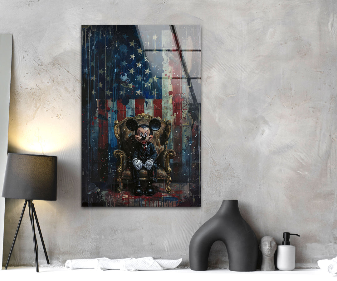 Mickey Mouse & US Flag Glass Wall Art picture on glass wall art, photos printed on glass
