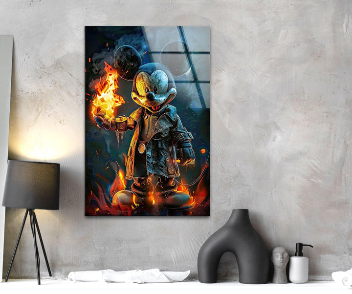 Mickey Mouse with Fire Glass Wall Art